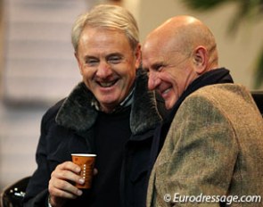Spanish team trainer Jan Bemelmans and German horse dealer Joachim Arl have a laugh