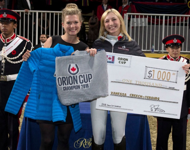 Vanessa Creech-Terauds of Caistor Centre, ON received the 2018 Orion Cup after earning the highest average of three scores from the Under 25 (U25) Grand Prix level with her veteran mount, Devon L. The award was presented by Canadian Olympian Pia Fortmuller at the Royal Horse Show in Toronto :: Photo © Cealy Tetley