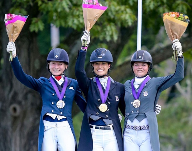 Creech Terauds, Jones and Kadlubak on the Individual Test podium at the 2019 North American Young Riders Championships :: Photo © Meg McGuire