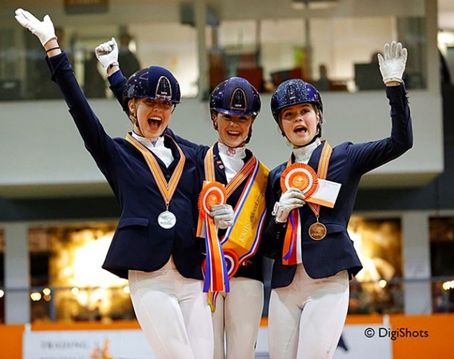 Jill Bogers, Evi van Rooij, and Lilli van den Hoogen at the 2020 Dutch Indoor Pony Championships :: Photo © Digishots