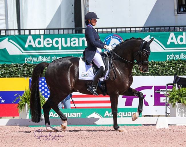 Ashely Holzer (USA) and Mango Eastwood recover their composure after an early stumble to claim the FEI Grand Prix Special CDI3*, presented by Peacock Ridge, with 72.596%. ©️Susan Stickle.
